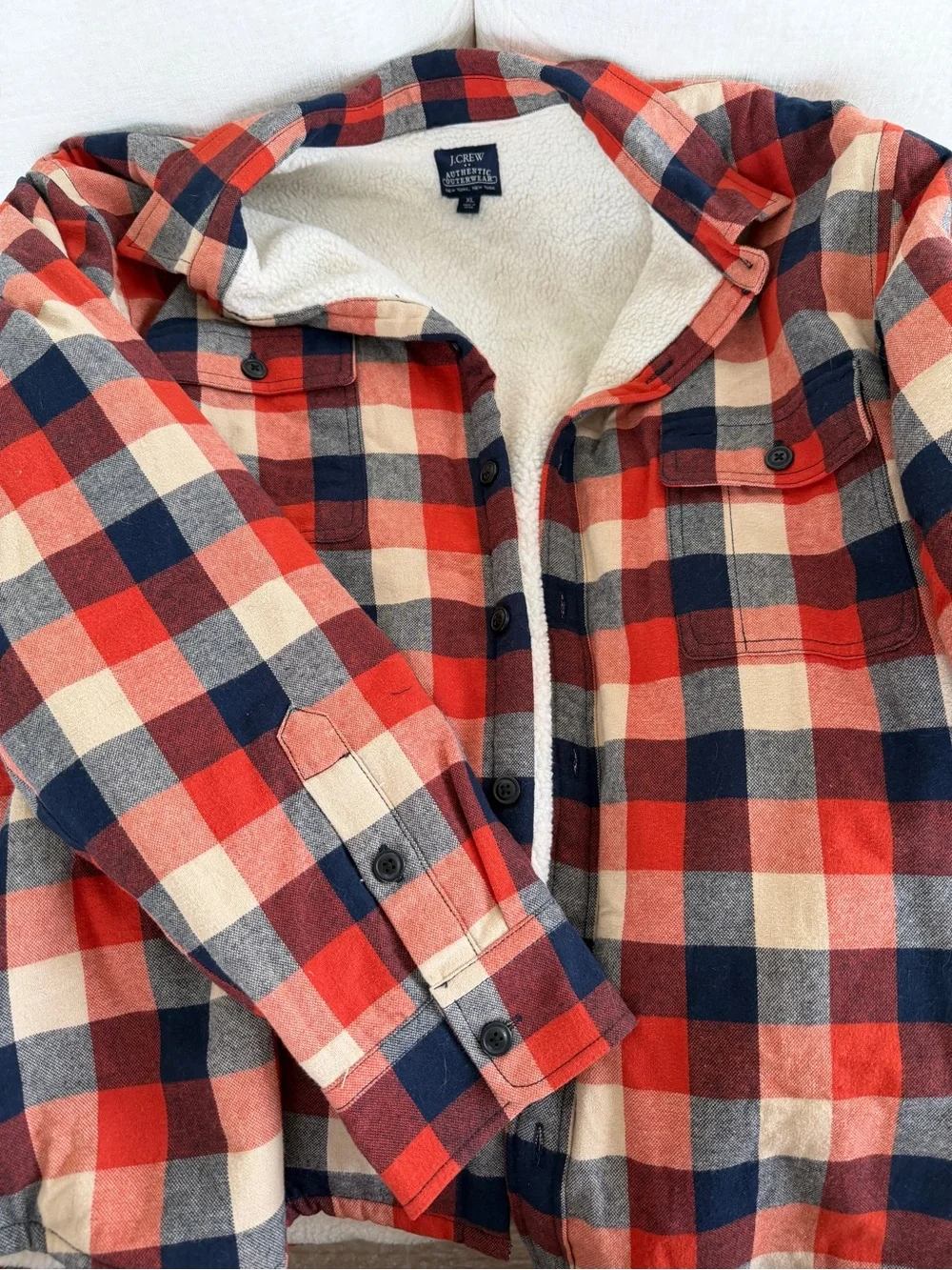 J. Crew Red Navy Cream Plaid Sherpa-Lined Flannel Jacket